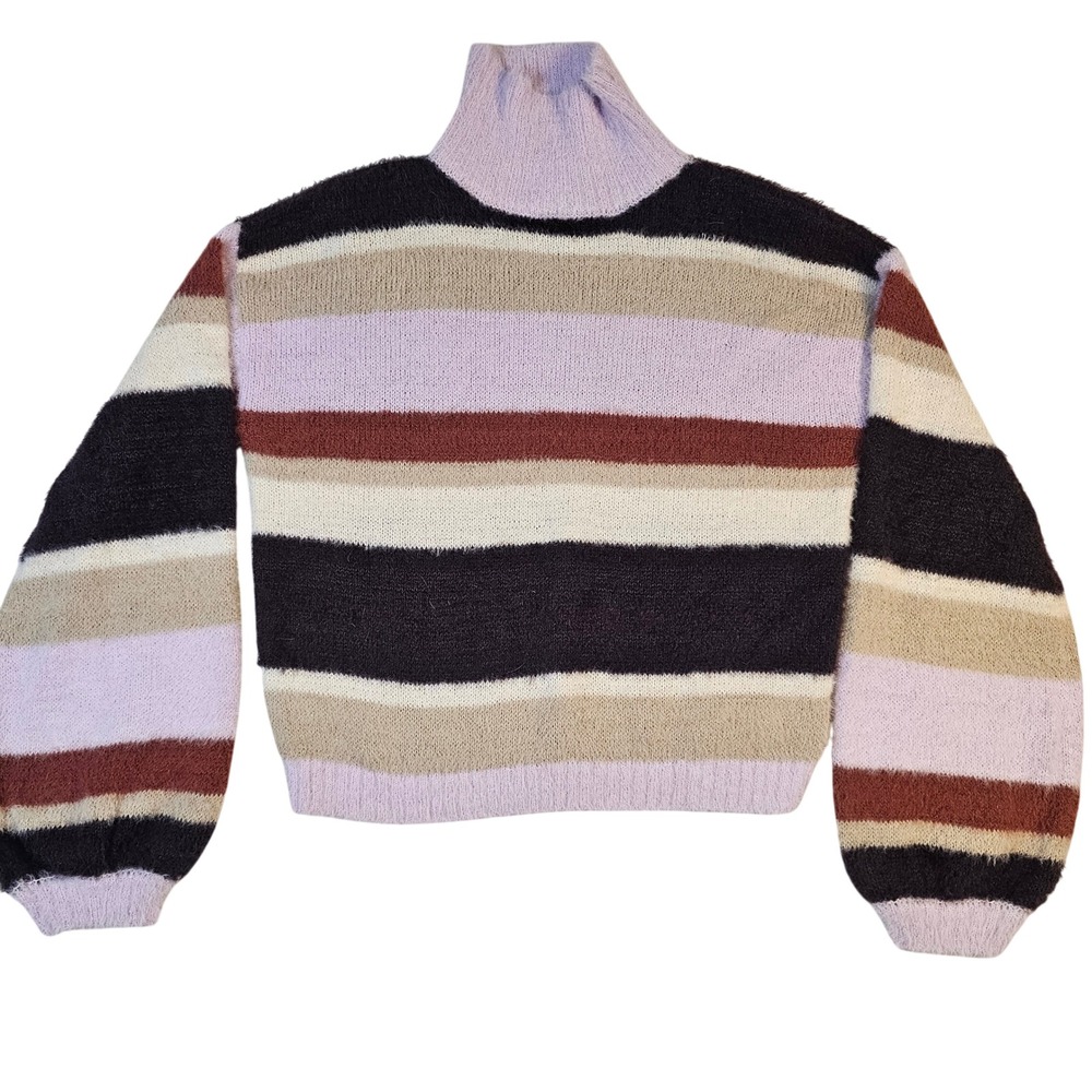 Ten Sixty Sherman Striped Fuzzy Turtleneck Sweater Purple Black Small